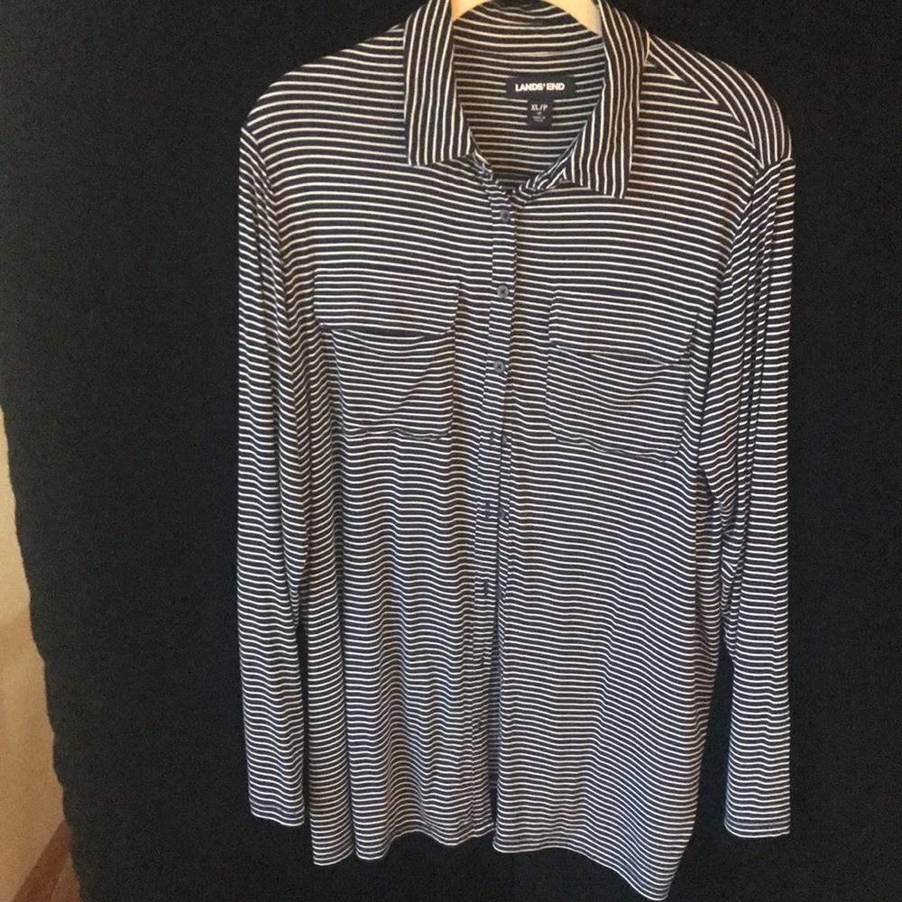 Lands End ladies navy  striped knit shirt size XLP